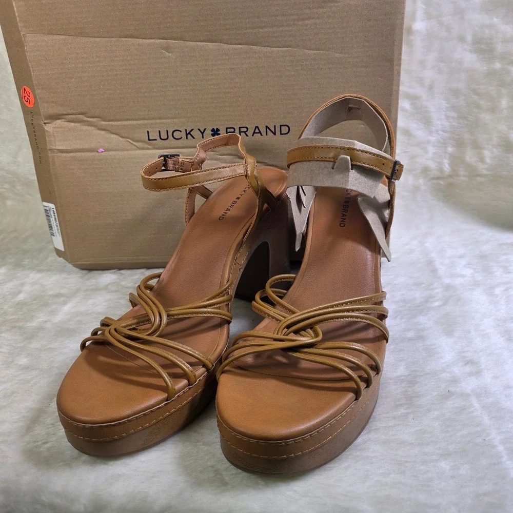 Lucky Brand Platform Sandals Brown Leather Strappy Block Heel Women 11 New